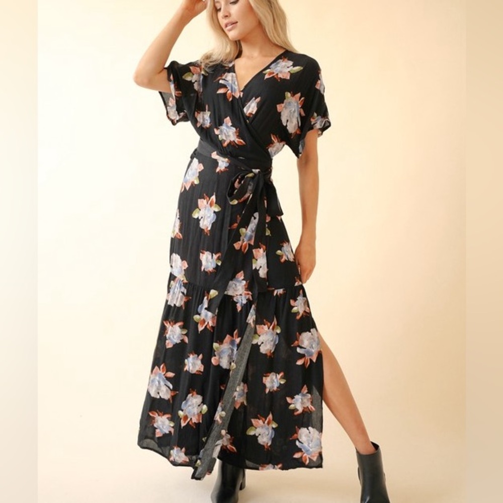 Kimono Sleeve Floral Wrap Maxi Dress